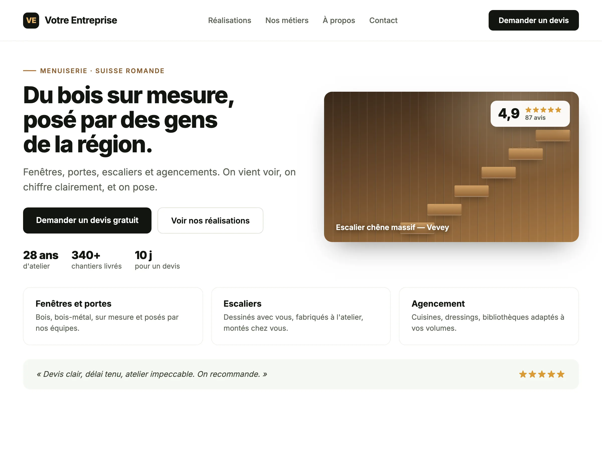 La même page, refaite : message clair, contact visible, design actuel