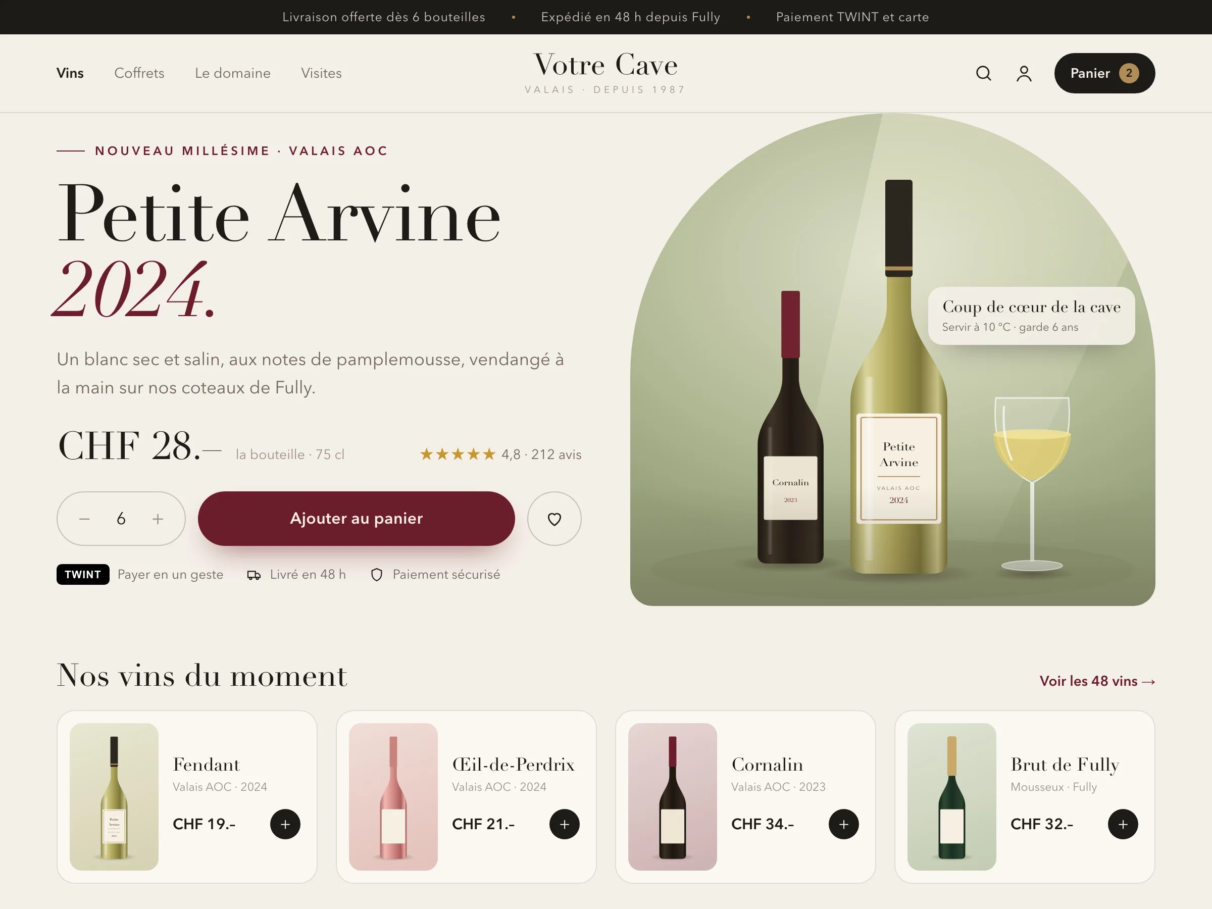 La même cave, boutique refaite : bouteille en grand, prix lisible, TWINT et livraison visibles avant le panier