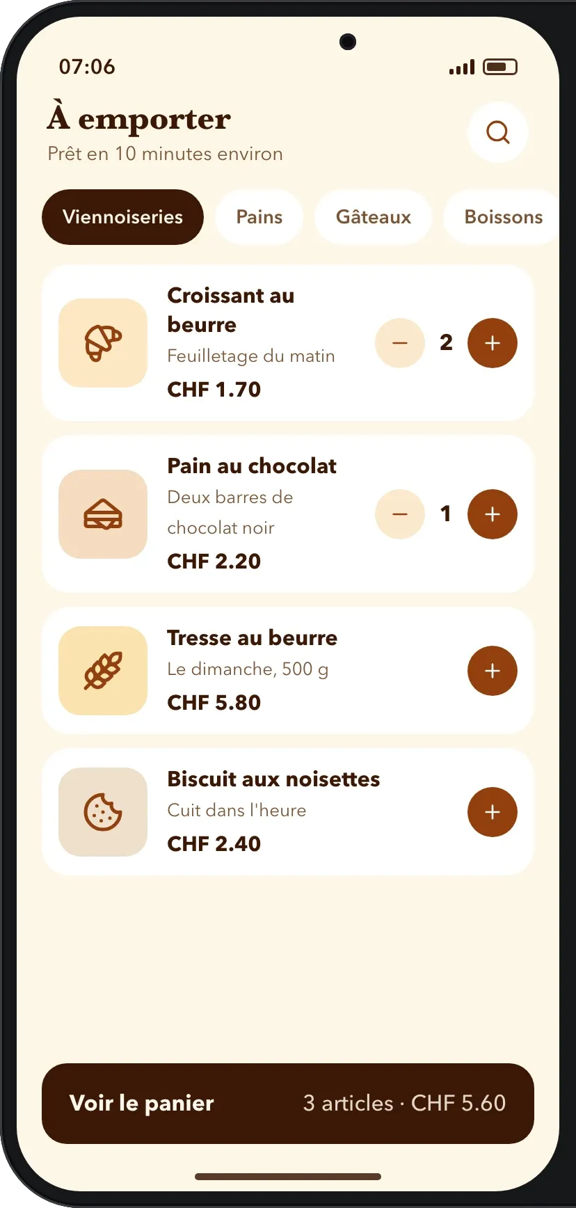 Commande à emporter : viennoiseries et quantités