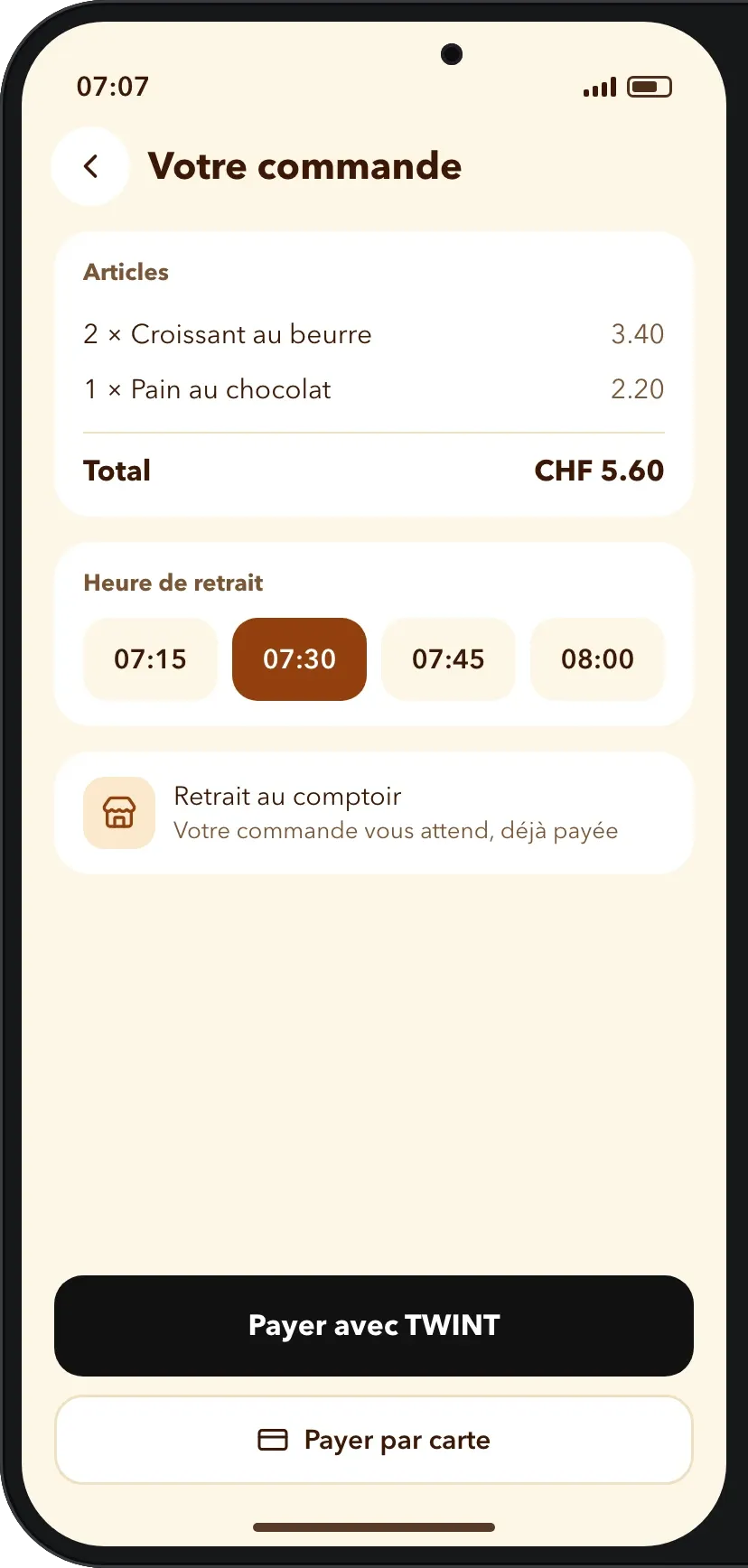 Retrait : heure choisie et paiement