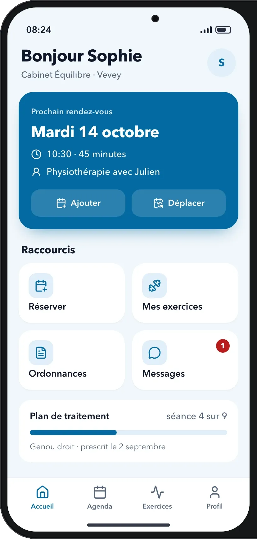 Écran d’accueil : le prochain rendez-vous et les raccourcis