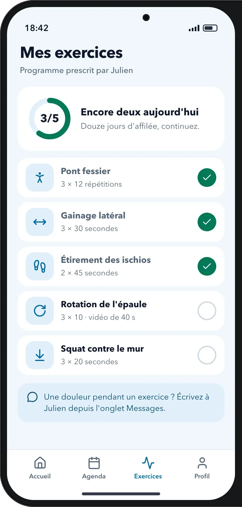Exercices à domicile, trois sur cinq faits