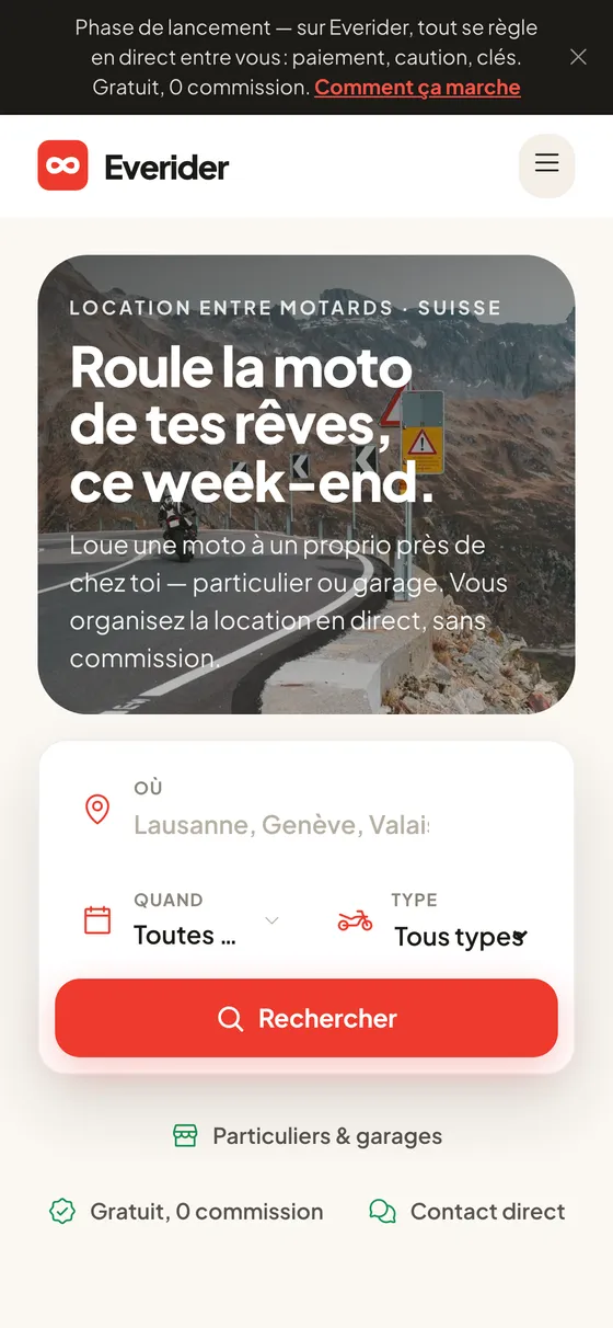 Home Everider sur mobile — accroche « Roule la moto de tes rêves, ce week-end » et barre de recherche