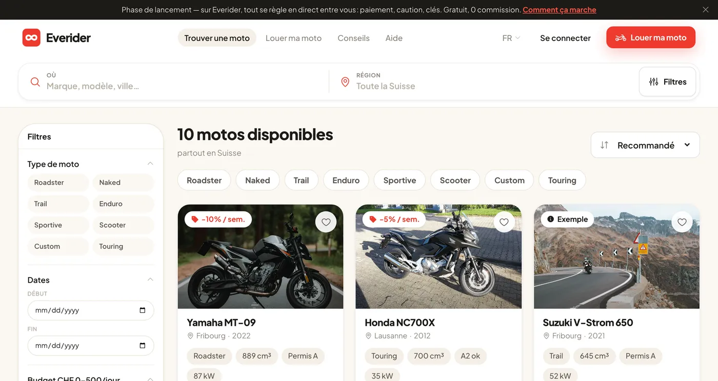 Page de recherche Everider — filtres type, dates et budget, cartes de motos avec prix par jour