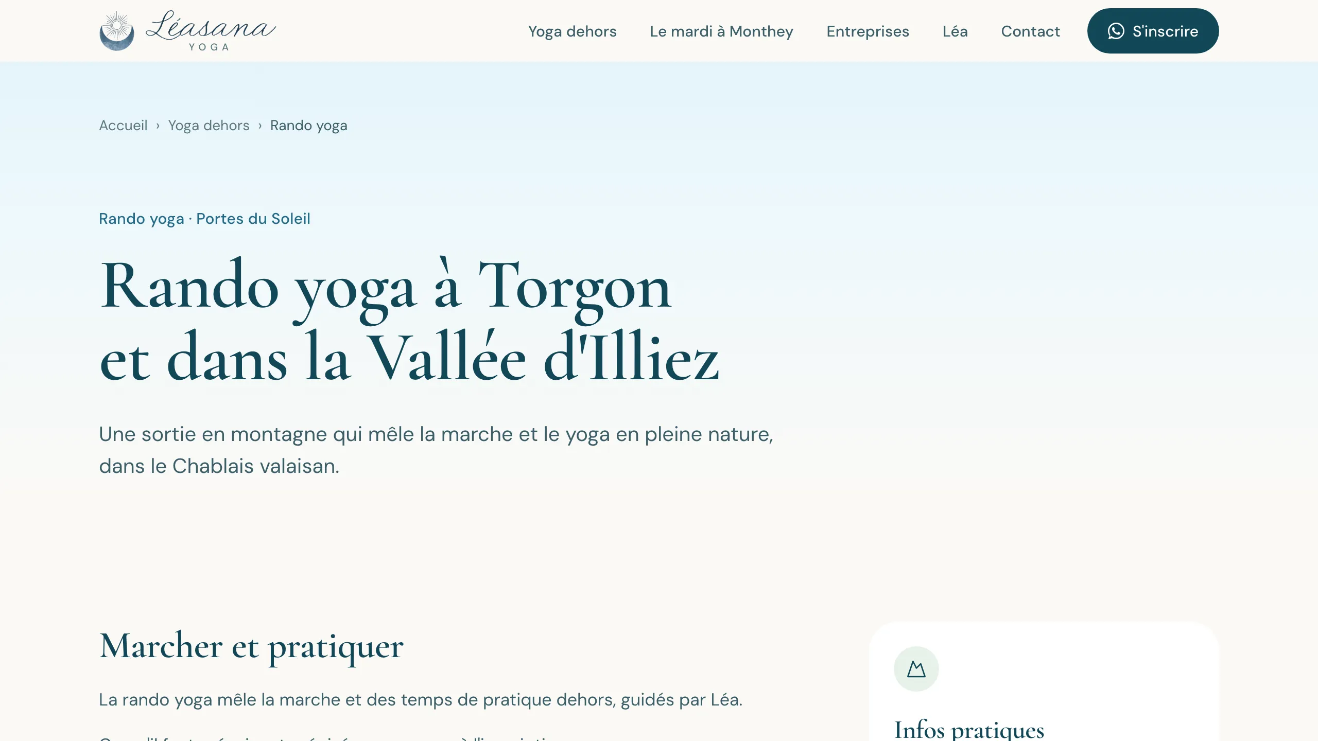 La page de la rando yoga sur le site de Léasana Yoga : le format, ses infos pratiques et l'inscription