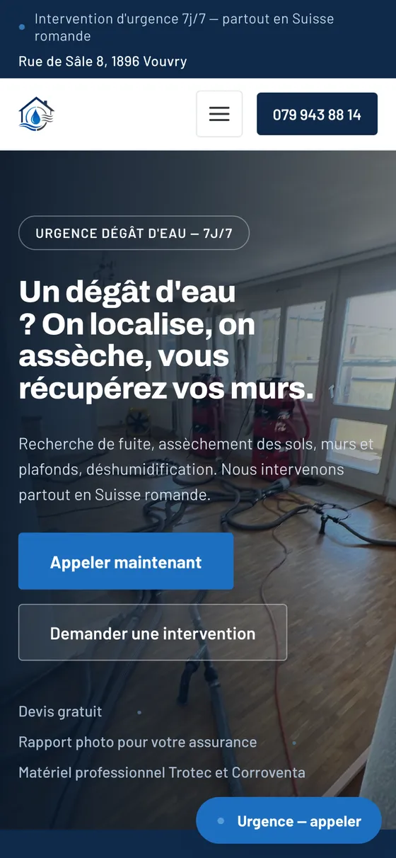 Le site RD Assèchement sur téléphone