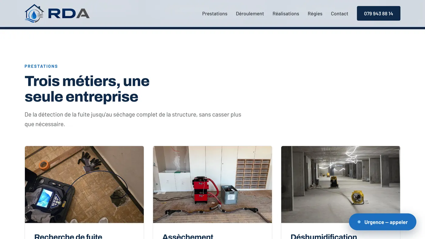 Les prestations de RD Assèchement : recherche de fuite, assèchement, déshumidification