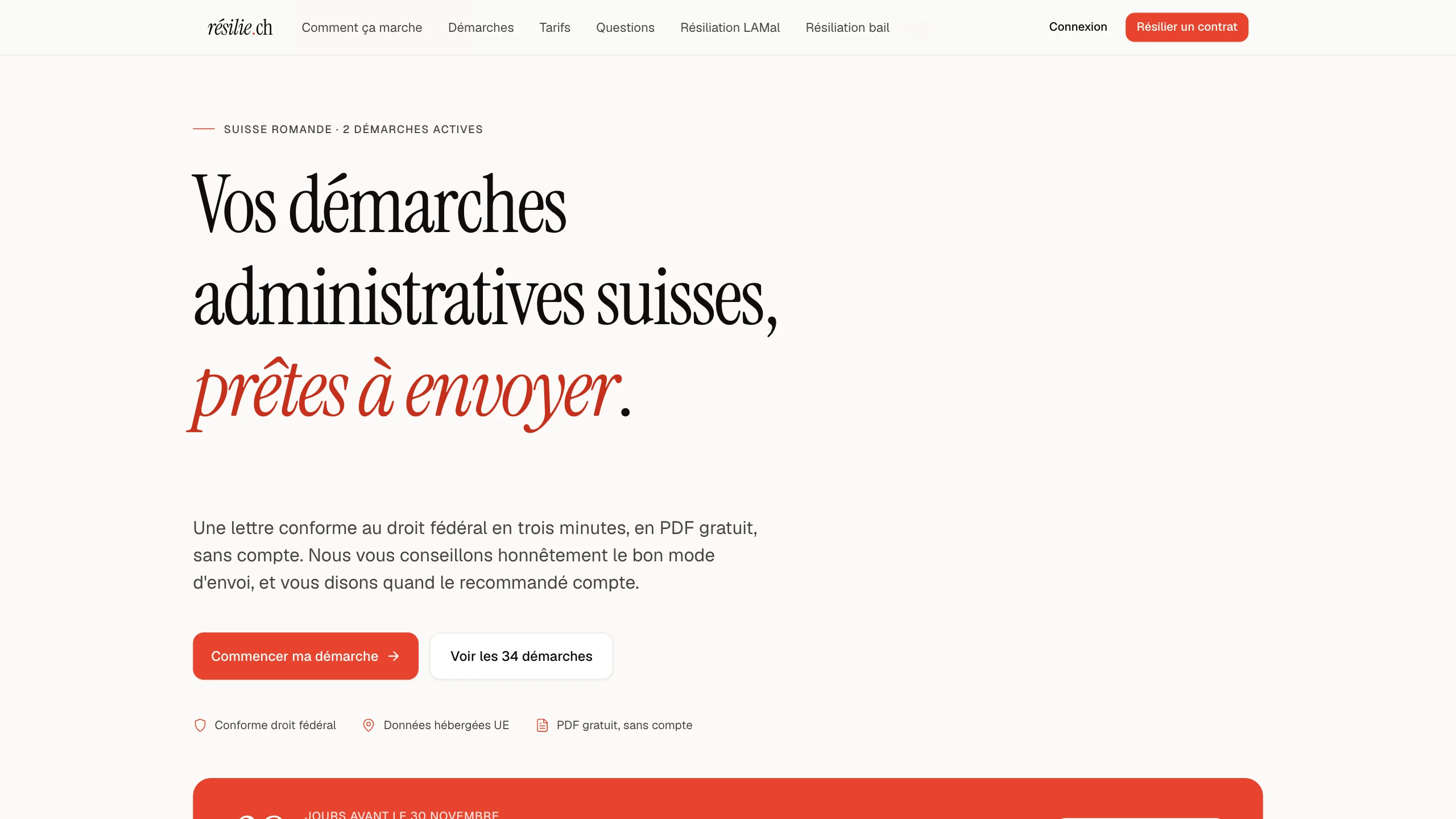 résilie.ch · termination letters that follow Swiss law · site preview