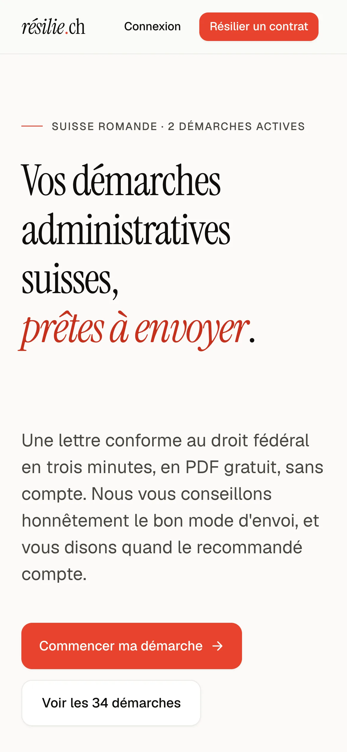 The résilie.ch home page on a phone