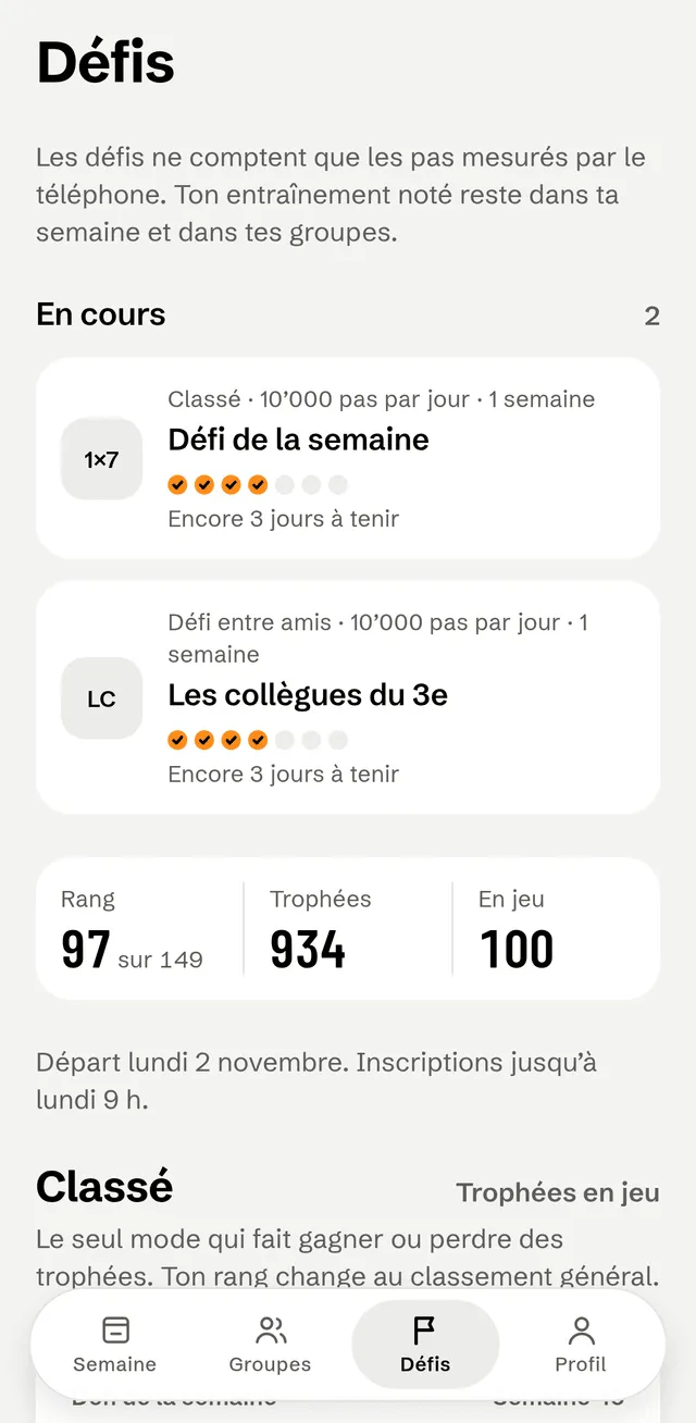 L'onglet Défis : les défis de pas en cours et les trophées du joueur