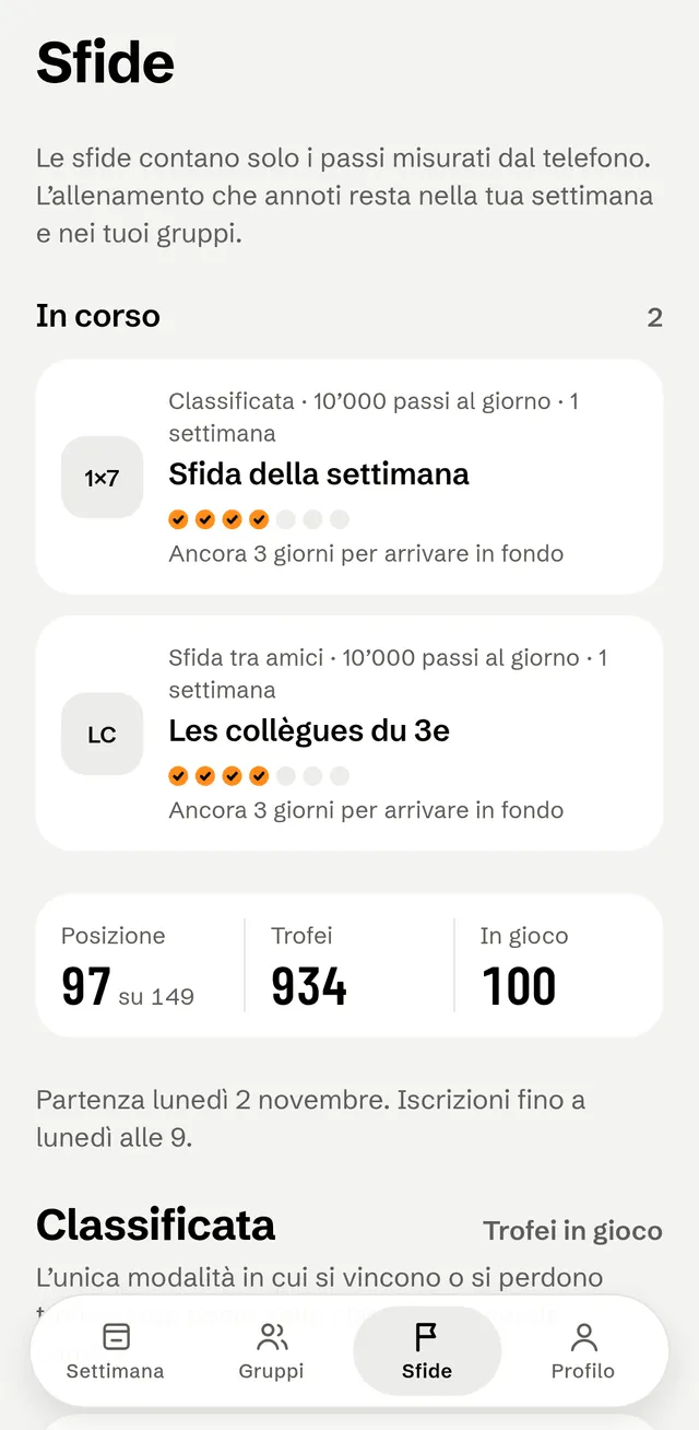 La scheda Sfide: le sfide di passi in corso e i trofei del giocatore