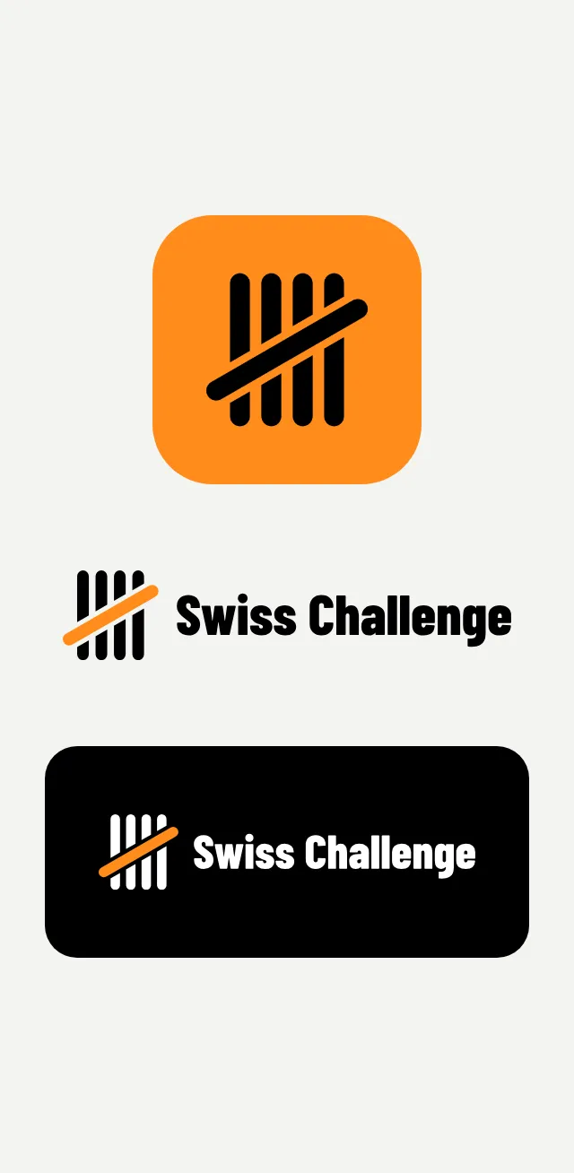 Le logo de Swiss Challenge : l'icône de l'app, puis le logo horizontal sur fond clair et sur fond noir
