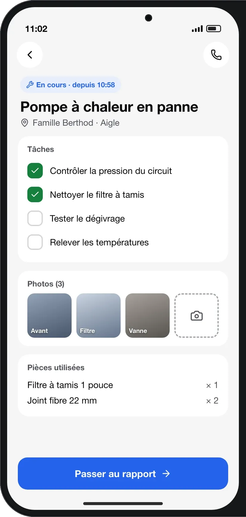 Fiche d’intervention : tâches, photos et pièces