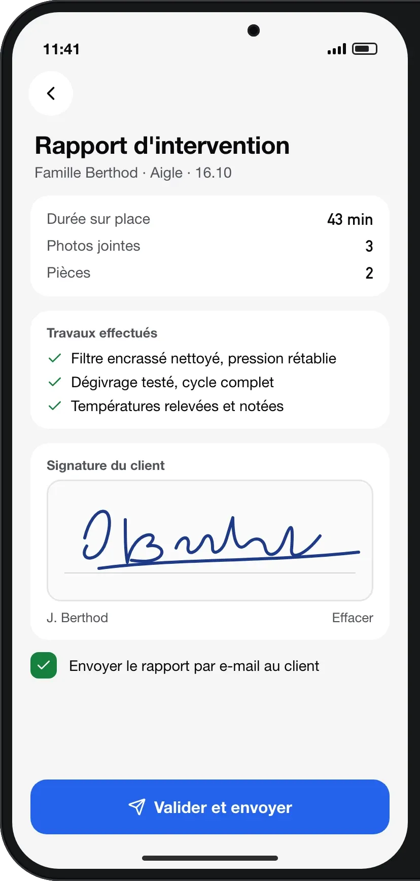 Rapport d’intervention signé par le client