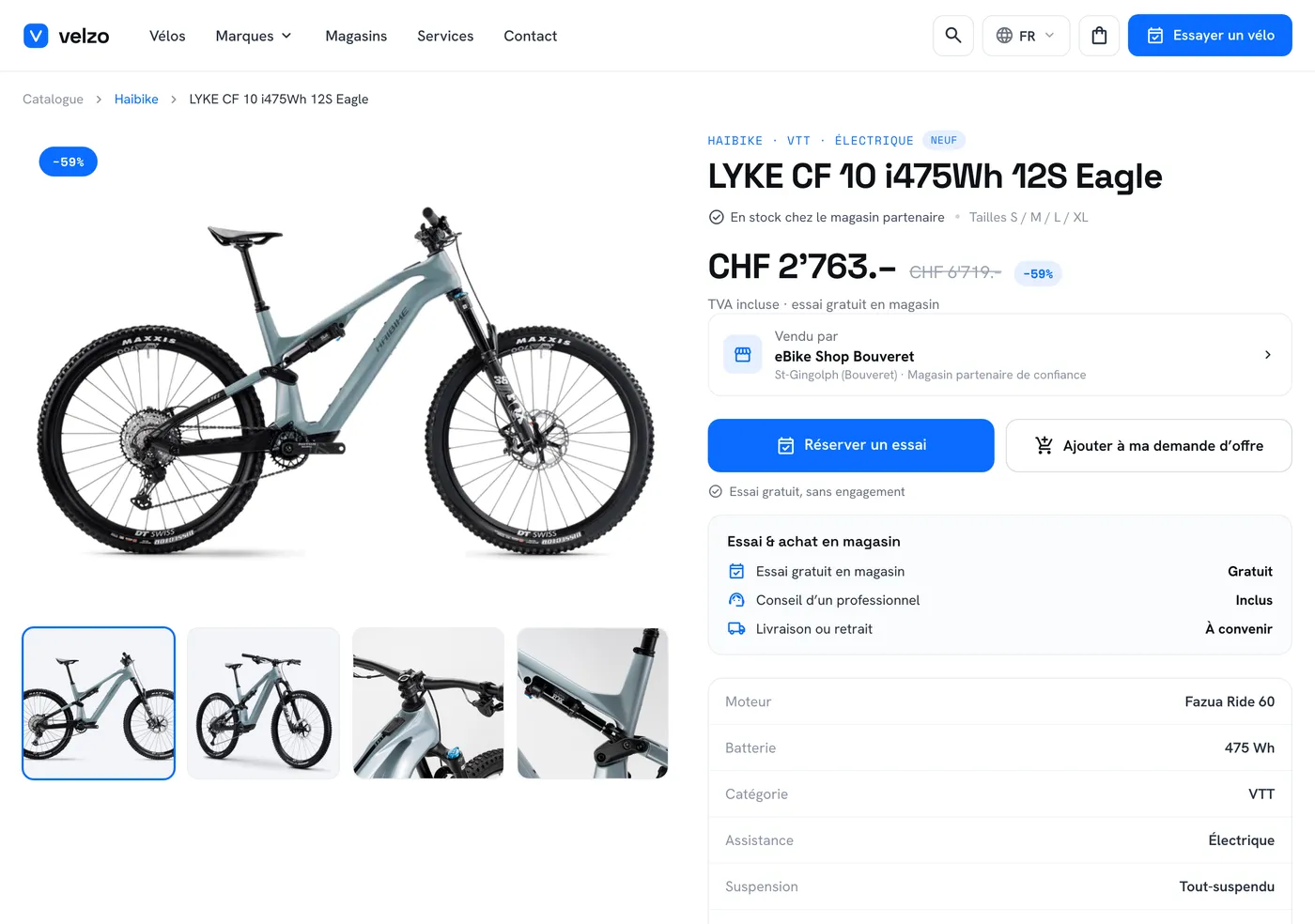 Fiche produit Velzo — prix du magasin, specs et réservation d’essai