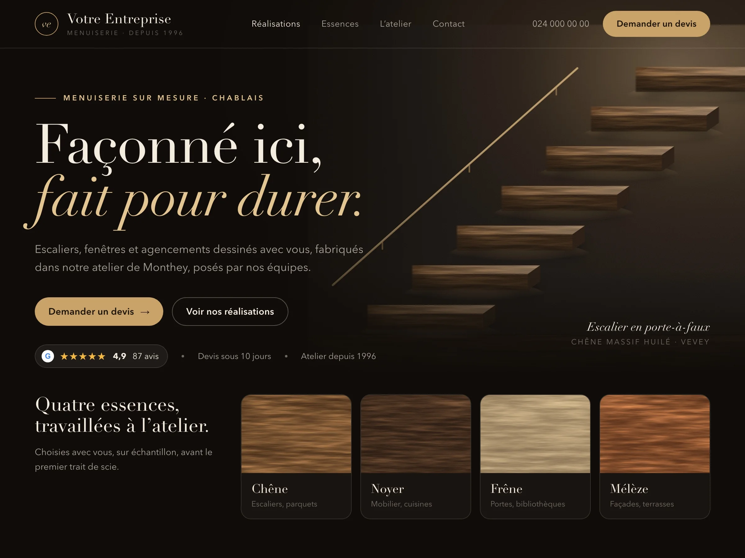 La même menuiserie, site refait : grand titre, escalier en chêne mis en scène, devis et avis au premier écran